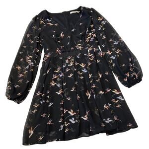 Style London Dress Women's Size M Black Long Sheer Sleeves Bird Print